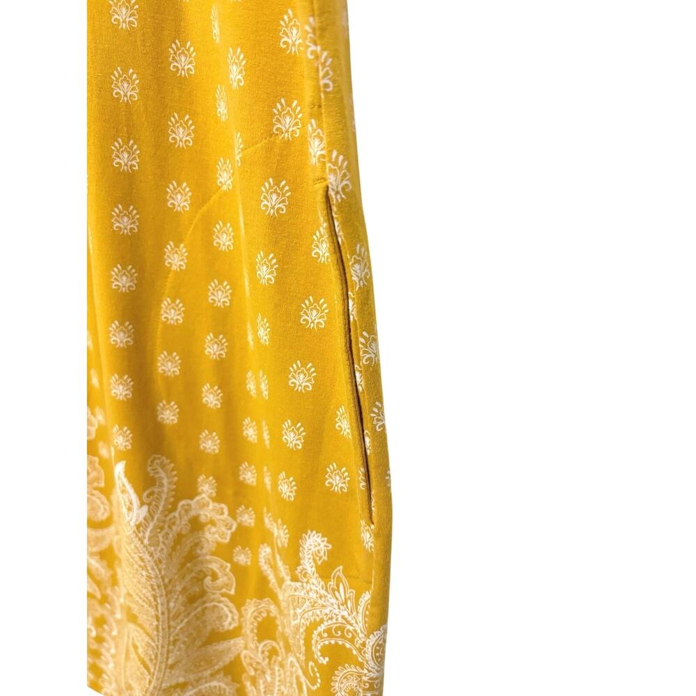 J.Jill Women’s Mustard Yellow Paisley Border Print Knit Dress L Pockets Stretch - Picture 9 of 11